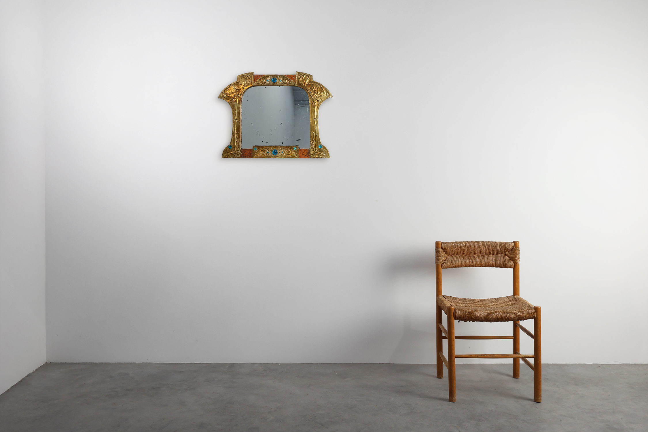 Art Nouveau Mirror in Brass and Glass Inlay, Signed A.H. Villaket, France ca. 1910thumbnail